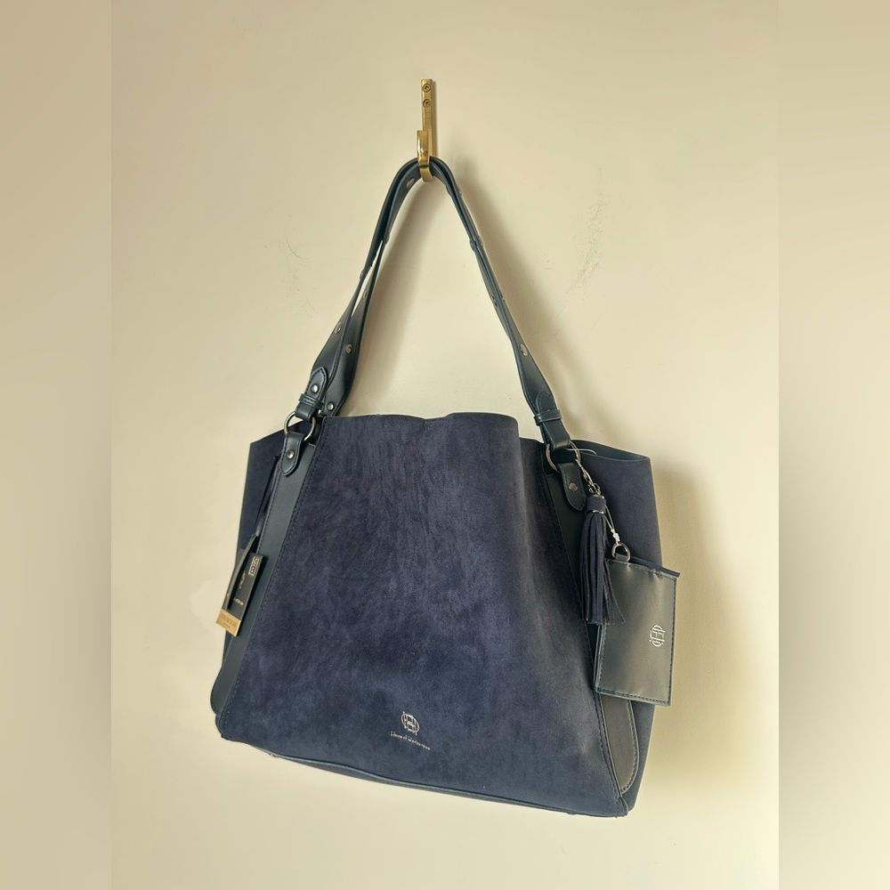 Navy blue suede leather trim shoulder bag
